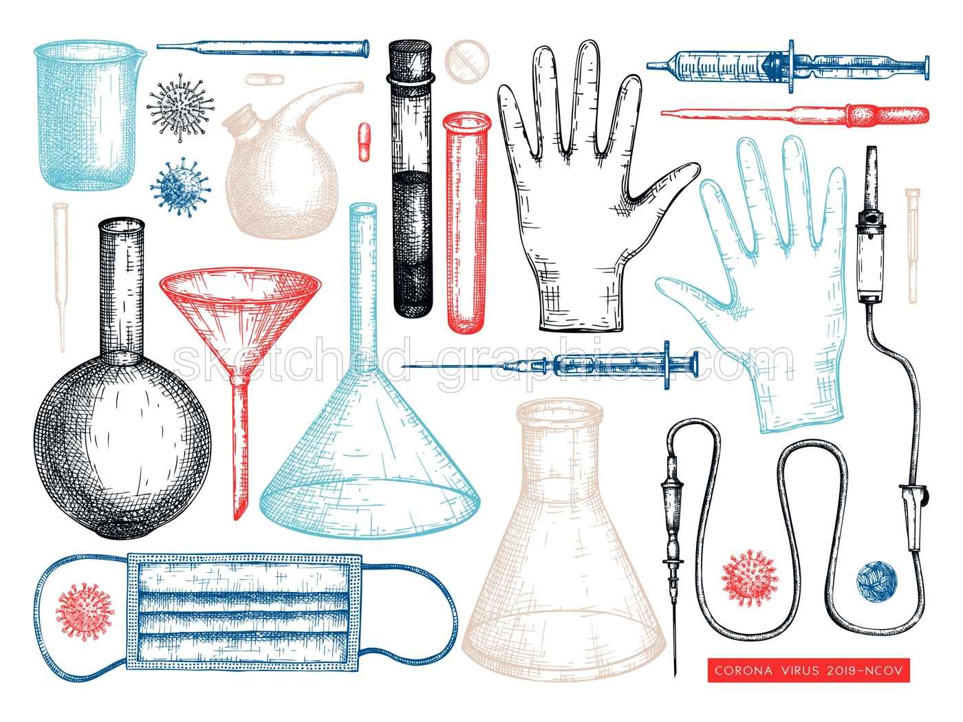 Virus vaccine vector set. Hand-sketched collection of Covid-19 vaccination illustrations with vaccine bottle, syringe injection tools, and different viruses. Vintage medical sketches Illustration